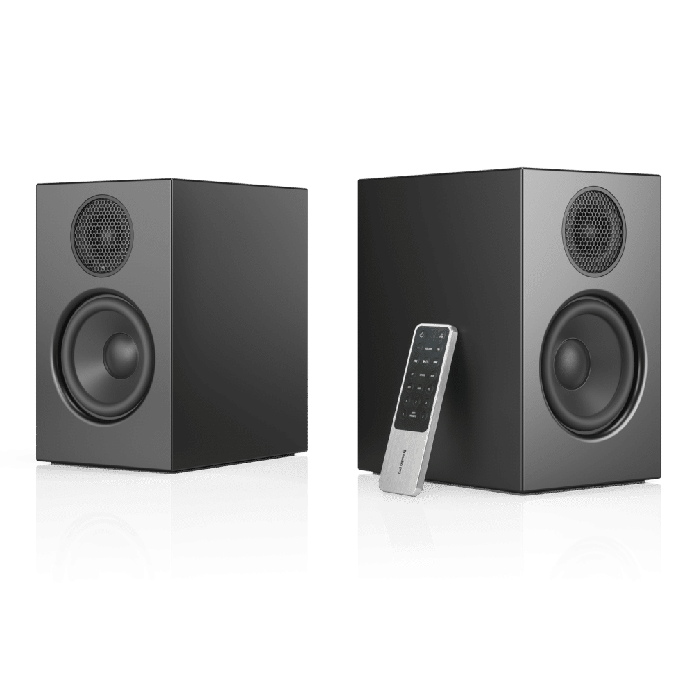 wireless-multiroom-speaker-A26-black-angle1-remote-nofront-AudioPro